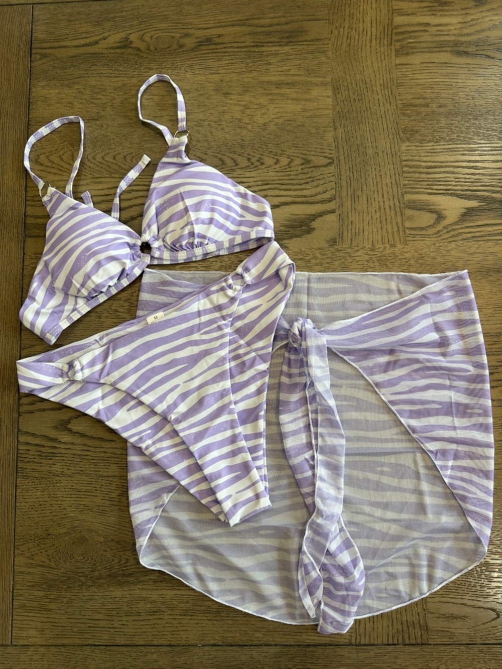 Amazon Lavender and White Zebra Stripe Bikini with Sheer Tie Waist Cover-Up